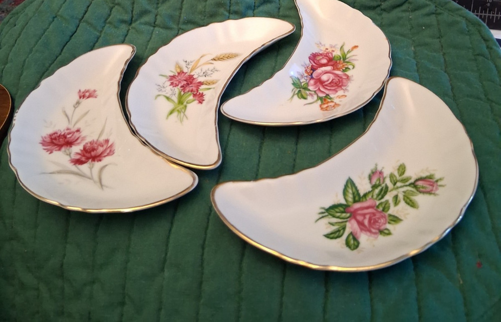 Lot of 4 Vintage Chadwick Crescent Moon Bone Plates Foil Labeled CMI Japan